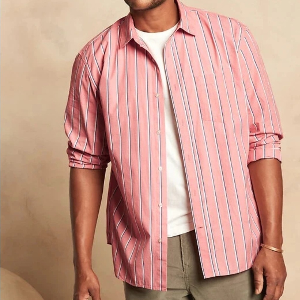 NEW Banana Republic Mens Buttons Shirt LARGE long sleeve Standard-Fit pink coral